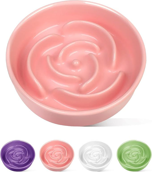 TRUVIC Ceramic Slow Feeder Dog Bowls Small Breed, 0.6 Cup Slow Feeder Cat Bowls for Fast Eaters, Ceramic Dog Food Dish no Black Chin, Puzzle Bowl for Small Dogs and Cats, Pink