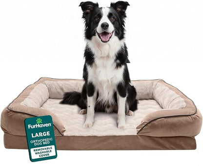 Furhaven Orthopedic Dog Bed for Large/Medium Dogs w/ Removable Bolsters & Washable Cover, For Dogs Up to 55 lbs - Plush & Velvet Waves Perfect Comfort Sofa - Brownstone, Large