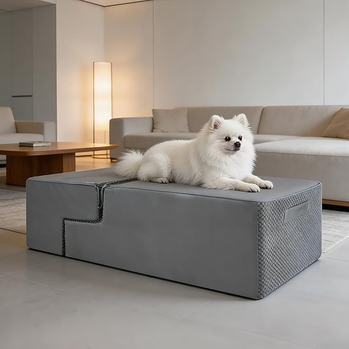 PawComfort 4-Step Pet Stairs, 18 Inch High Dog Steps for Bed, Grey Non-Slip Indoor Ramp for Small Dogs and Cats