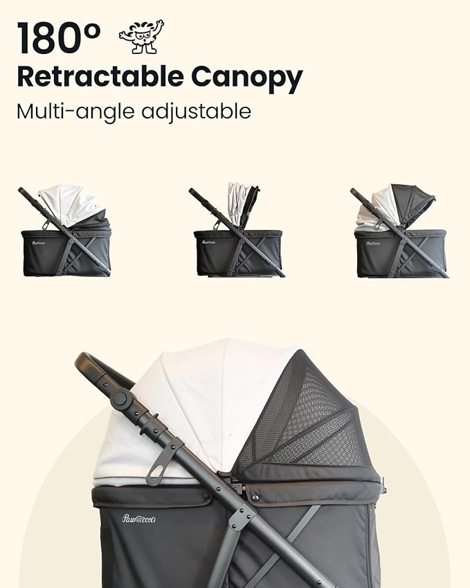 Pawccoli Medium Dog Stroller, Foldable Pet Stroller with Adjustable Handle & No Zip Entry, Storage Basket & Cup Holder, Canopy, Mesh Windows, Ideal for Medium Dogs and Cats Up to 50lbs, Black