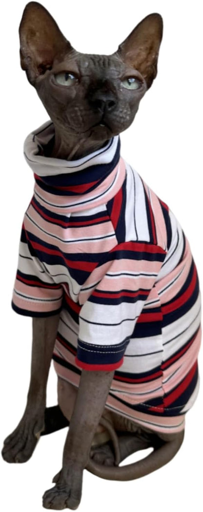 Vintage Stripes Sphynx Hairless Cats Shirt Cotton Cat Turtleneck Pet Clothes Kitten T-Shirts with Sleeves for Sphynx Cornish Rex, Devon Rex, Peterbald (Gentlemen, Small (Pack of 1))