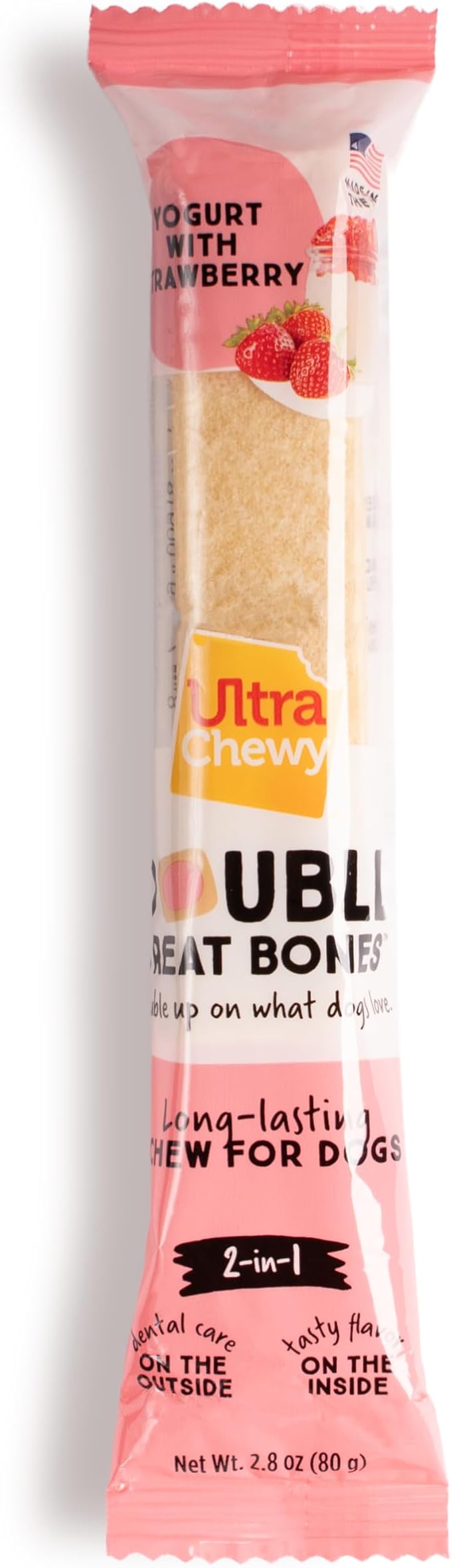 Ultra Chewy Yogurt Double Treat Bones: Strawberry, Blueberry and Banana, Long-Lasting Dog Treats Made in USA for Large and Small Breeds, Highly Digestible (2 Packs)