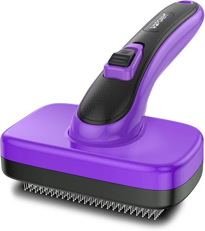 WOPQAEM Self Cleaning Slicker Brush for Dog, Cat, Skin Friendly Shedding & Grooming Tool for Long and Short Haired Pets, Easy Clean Retractable Bristles, Purple