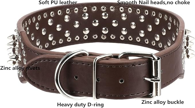 Hoot PU Leather Adjustable Spiked Studded Dog Collar 2" Wide 31 Spikes (S(Neck 17"-20"), Dark Brown)