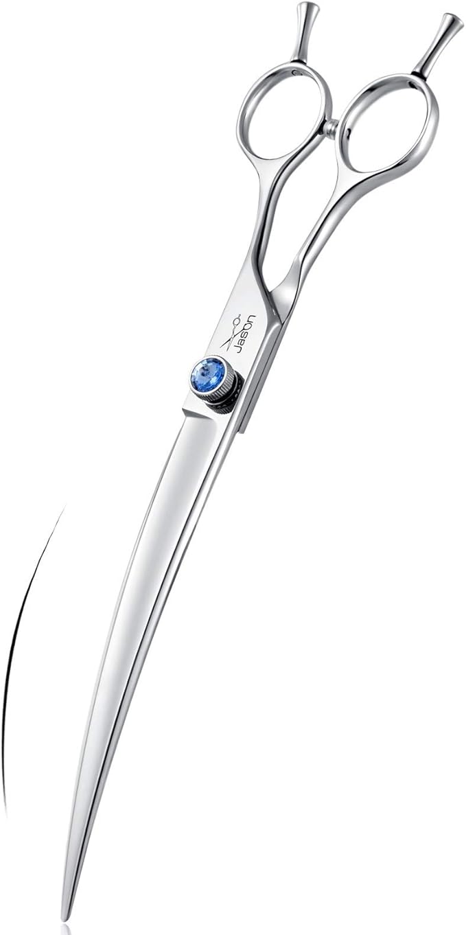 JASON 8" Curved Dog Grooming Scissors Ergonomic Pets Cats Trimming Shears with Offset Handle and a Jewelled Screw for Right Handed Groomers Long Sharp Comfortable Christmas Gift