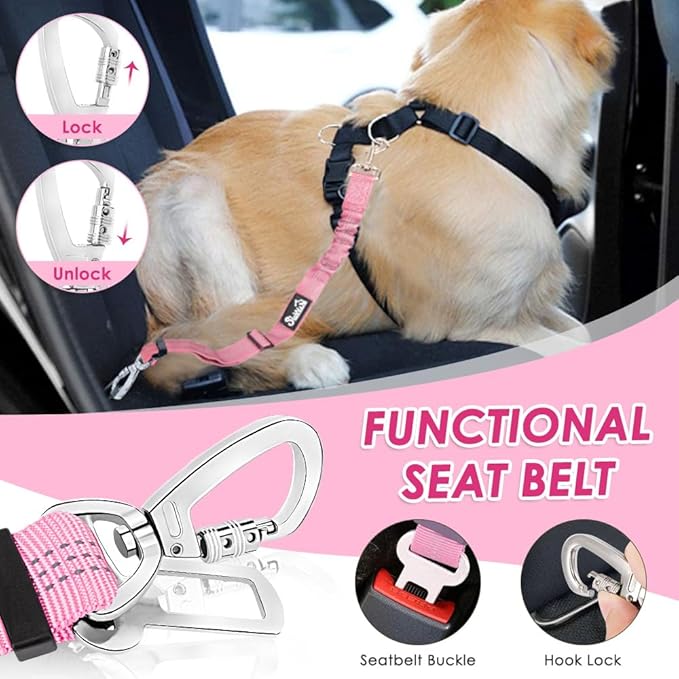 SlowTon Dog Seatbelt, 2 Pack Dog Seat Belt Car Leash Adjustable Elastic Bungee Buffer Heavy Duty Nylon Reflective Pet Safety Tether Connect to Dog Harness for Travel Riding in Vehicle (Daul Clip, PI)