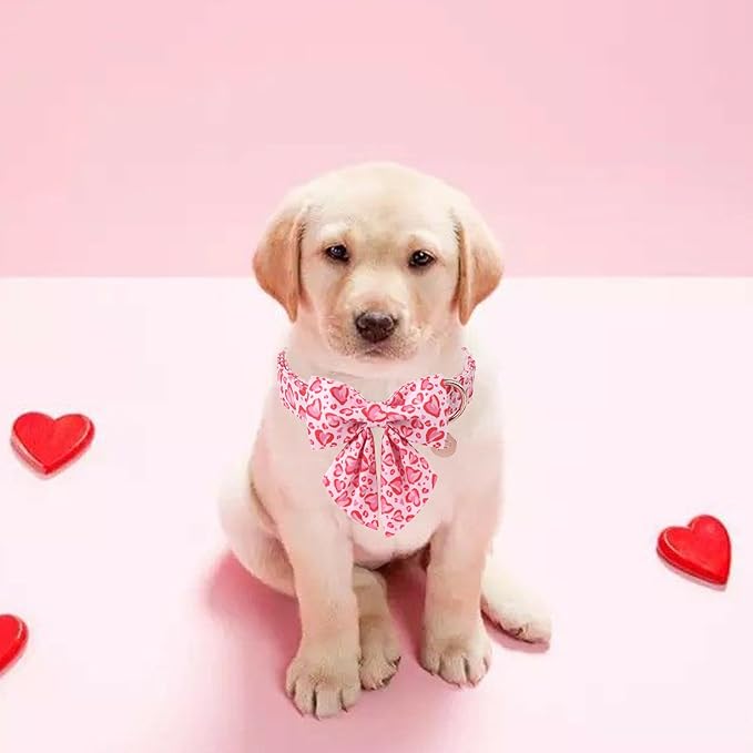UP URARA PUP Valentine’s Day Dog Collar with Bow Tie, Pink Heart Bowtie Collar with Metal Buckle, Valentine’s Day Gift Pet Collar for Puppy Girl Boy Dog or Cat, Wedding Dog Collar, S, Neck 10-16in
