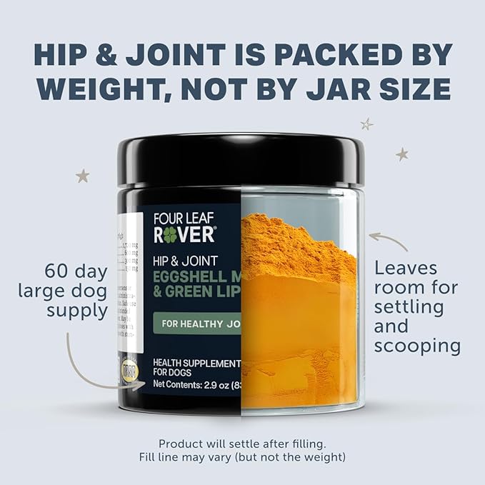 Four Leaf Rover Hip & Joint - Mobility & Joint Support with Glucosamine and Chondroitin for Dogs, 2.9 oz - 22 to 60 Day Supply, Depending on Dog’s Weight - Vet Formulated - Easy to Mix - Delicious