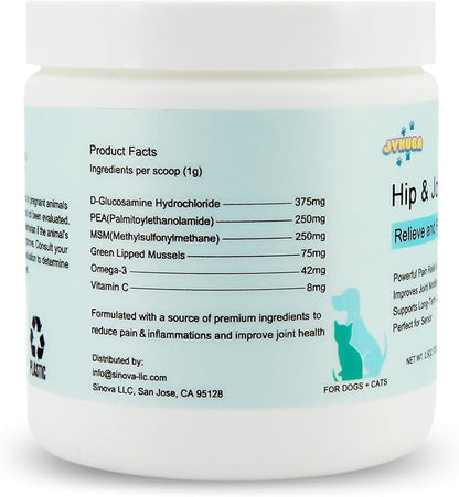 JYHUBA Hip & Joint Support for Dogs & Cats – Natural Joint Supplement with PEA, Glucosamine, MSM, Green Lipped Mussels – Promotes Mobility, Reduces Inflammation & Pain – Made in USA 2.5oz (72g)