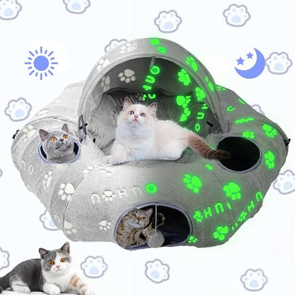 Cat Tunnel Bed, Cat Tunnels for Indoor Cats, Cat Donut Tunnel Toy with Washable Circle Cushion, Straight Shaped Tunnel, 4 Fluffy Balls, Blackout Tent, Self-Luminous Cat Toys（Grey）