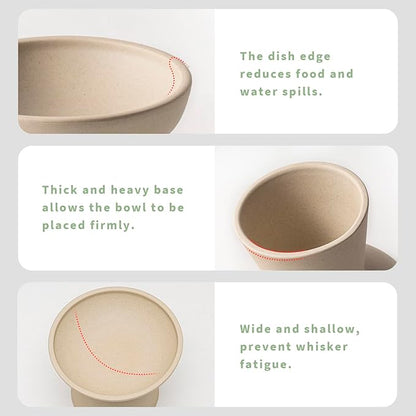 CEEFU 2 Elevated Cat Bowls Extra Wide for Food & Water – Whisker Fatigue, Ceramic Wide Shallow Food Dish, Lead & Cadmium Free, Raised Height for Cats, Pottery Clay (Not Glazed)