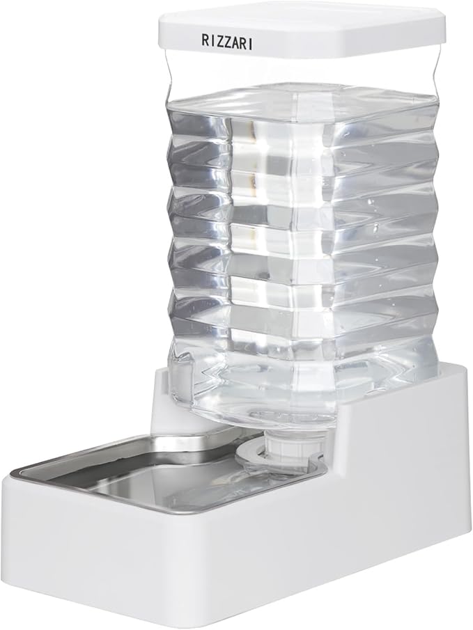 RIZZARI Stainless Steel Pet Waterer: 9L White Gravity Fed Water Dispenser Leak-Proof for Senior Dogs Joint Care Home Owners - with Filter - Bedroom Garden Use