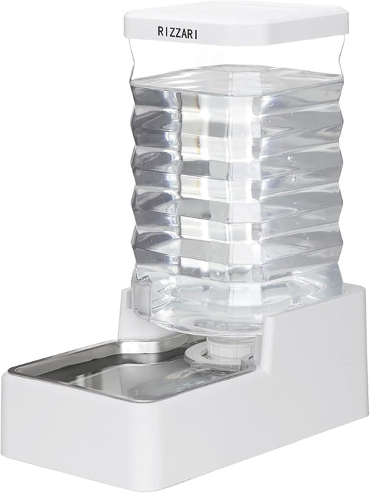 RIZZARI Stainless Steel Pet Waterer: 9L White Gravity Fed Water Dispenser Leak-Proof for Senior Dogs Joint Care Home Owners - with Filter - Bedroom Garden Use