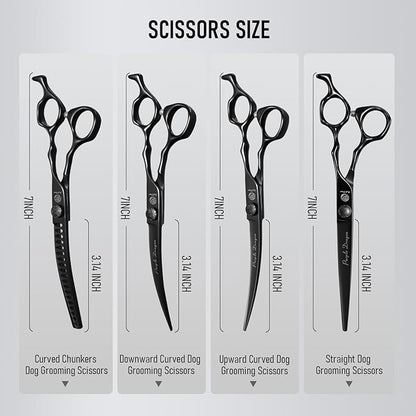Purple Dragon Dog Grooming Scissors Set - Curved Chunkers, Straight, Up & Down Curved Scissors and Comb, 7 Inch Black Shears with Adjustable Screw for Dogs and Cats