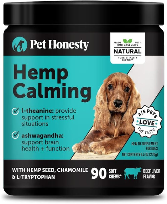 Natural Hemp Calming Chews for Dogs - Calming Aid Supplement for Occasional Anxiousness with Valerian Root, Chamomile, + Magnesium - Stress, Separation & Thunder Support - (Beef Liver, 90 Count)