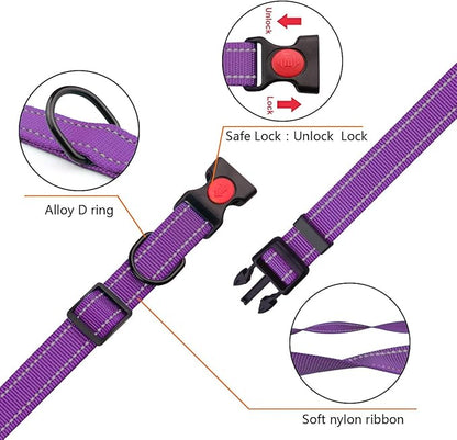 Reflective Dog Collar and Leash Set with Safety Locking Buckle Nylon Pet Collars Adjustable for Small Medium Large Dogs 4 Sizes(Purple&S)