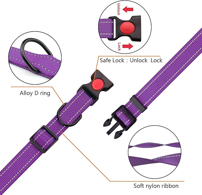 Reflective Dog Collar and Leash Set with Safety Locking Buckle Nylon Pet Collars Adjustable for Small Medium Large Dogs 4 Sizes(Purple&M)