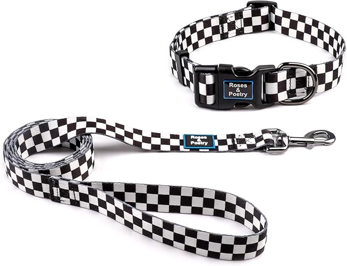 Roses&Poetry Dog Collar and Leash for Small,Adjustable Durable 5ft Puppy Leash Collar for Dog Training Lead（Black & White-S）