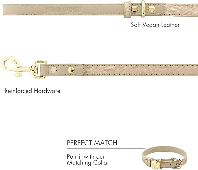 Nina Woof Rio Vegan Leather Dog Leash (4ft) Padded Luxury Lead - Compatible with Collars (Gold)