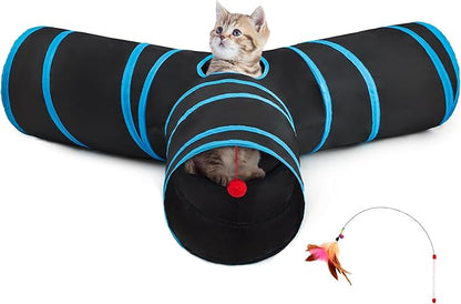 Tempcore Pet Tunnel Tube Cat Toys 3 Way Collapsible, Cat Tunnels for Indoor Cats，Kitty Tunnel Bored Cat Pet Toys Peek Hole Toy Ball, Puppy, Kitty, Kitten, Rabbit Blue Large Size
