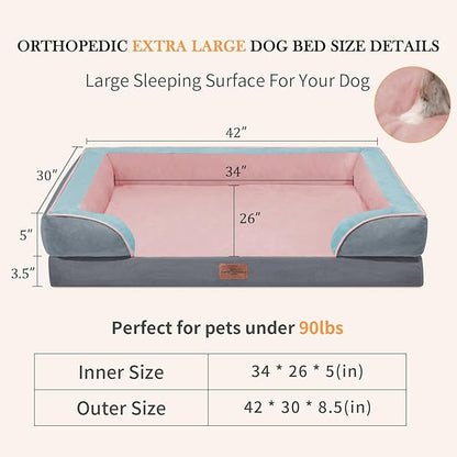 Comfort Expression Orthopedic Dog Bed for Extra Large Dogs 42x30 Inch, Waterproof Egg Crate Foam XL Pet Bed with Removable Bolsters, Dog Couch with Washable Cover & Non-Slip Bottom, Cherry Blossom