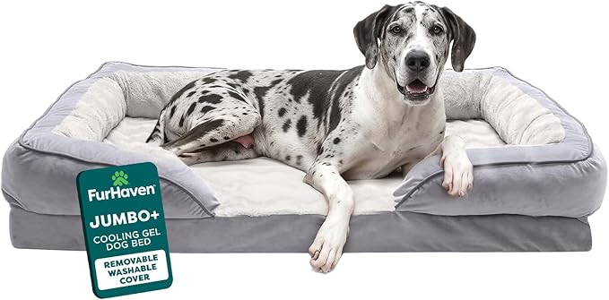 FurHaven Cooling Gel Dog Bed for Large Dogs, Perfect Comfort Sofa Bed with Cool Gel-Top Foam with a Solid Orthopedic Foam Base, Removable Washable Cover, Jumbo Plus XXL, Plush & Velvet, Granite Gray.