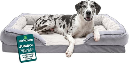 FurHaven Cooling Gel Dog Bed for Large Dogs, Perfect Comfort Sofa Bed with Cool Gel-Top Foam with a Solid Orthopedic Foam Base, Removable Washable Cover, Jumbo Plus XXL, Plush & Velvet, Granite Gray.