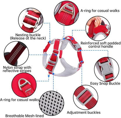 Paawpal Adjustable Dog Harness - No Pull, Reflective, Soft Padded for Small, Medium, Large Dogs - Includes Leash Red S