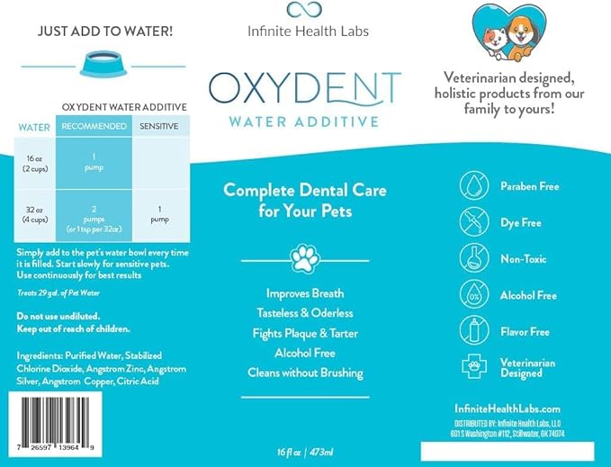 Infinite Health Labs Oxydent Premium Pet Dental Care Solution - Pet Water Additive & Mouthwash for Teeth Cleaning - Eliminate Bad Dog & Cat Bad Breath - Dog Dental Rinse - Fights Tartar & Plaque