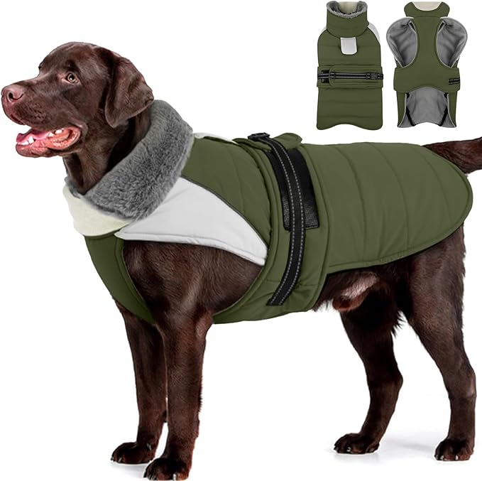 MIGOHI Comfortable Large Dog Coat - Waterproof Dog Coat with Reflective Strips,Windproof XXL Dogs Jacket with Warm Turtleneck, Snow Coats for Large Dogs,Labrador Golden Retriever,2XL,ArmyGreen