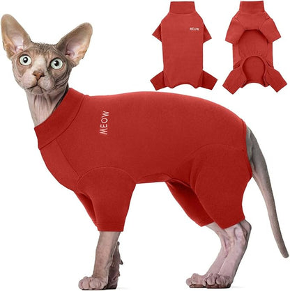 ROZKITCH Hairless Cat Clothes, Breathable Soft Cat Jumpers for Cats Only, Cat Coat with Four Legs, Warm Cat Sweater Cat T-Shirt Cat Pajamas Jumpsuit Vest Cornish Rex Devon Rex Peterbald Red XL