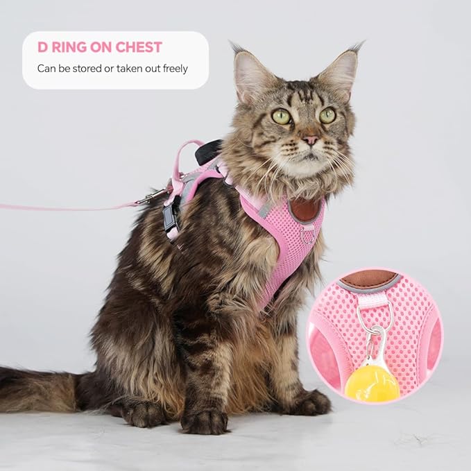Cat Harness and Leash Set with AirTag Holder: Upgraded Escape Proof Vest with Lead for Small Dog Puppy Large Cat Walking，Soft Breathable Mesh Coat with Reflective Strip (Pink, L)