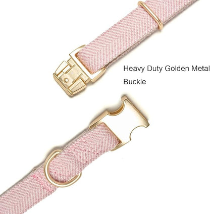 Soft Hemp Dog Collar and Leash Set Adjustable Woven Tweed Dog Collars with Metal Buckle and Lead for Small Medium Large Dogs,Pink