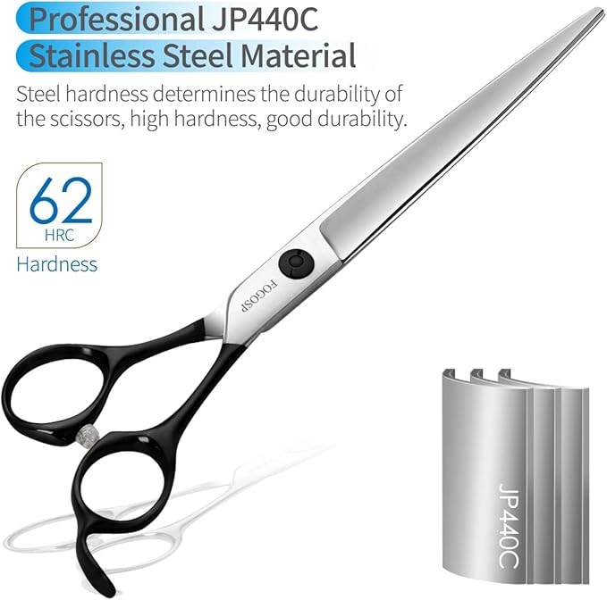 FOGOSP Professional Dog Grooming Scissors Straight 7.5" Pet Grooming Shears for Cutting Small Dogs Cat Thick Hair Japan 440C Stainless Steel Right Handed(7.5in Straight,Black)