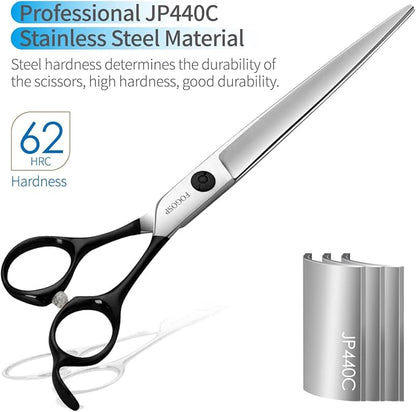 FOGOSP Professional Dog Grooming Scissors Straight 7.5" Pet Grooming Shears for Cutting Small Dogs Cat Thick Hair Japan 440C Stainless Steel Right Handed(7.5in Straight,Black)