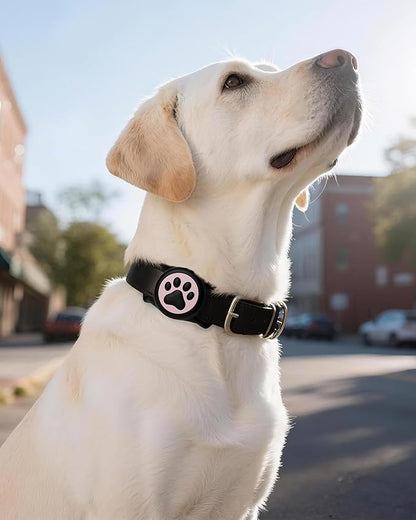 WhoseID IP68 Waterpoof Dog Air tag Holder, Stretchy Silicone Full Body Covered Apple Air Tag Holder for Dog Cat Collar Fit All Width Collar (Black & Pink, 1 Pack)