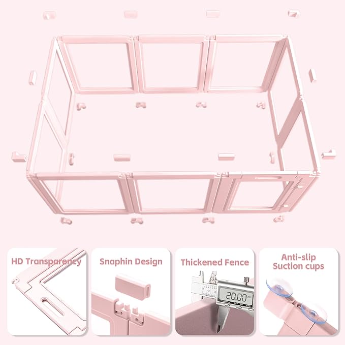 LoveTail DIY Clear Acrylic Dog Playpen House,Quick Easy Assembly and Disassembly,Strong Floor Suction,Indoor and Outdoor Use,Easy Cleansing Puppy Fence (Skin Pink, 23.6" H, 10PCS)