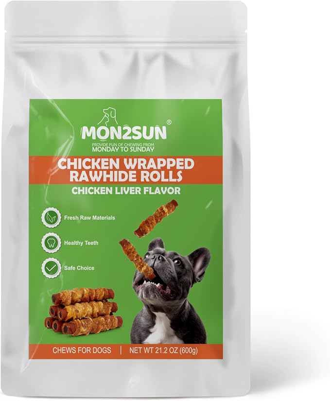 MON2SUN Dog Treats 5 Inch Chicken Wrapped Smoked Stuffed Rawhide Rolls with Chicken Liver, Rawhide Chews for Small and Medium Dogs, 21.2 oz (12 Count)