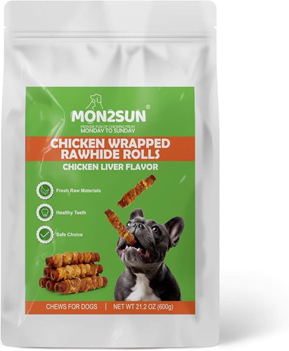 MON2SUN Dog Treats 5 Inch Chicken Wrapped Smoked Stuffed Rawhide Rolls with Chicken Liver, Rawhide Chews for Small and Medium Dogs, 21.2 oz (12 Count)