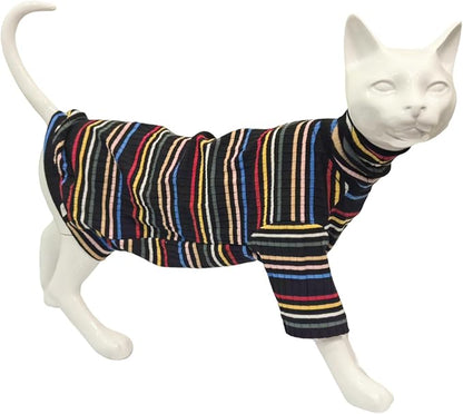 Turtle Neck Vintage Stripes Sphynx Hairless Cat Cotton T-Shirts Pet Clothes Vest Kitten Shirts Sleeveless, Cats & Small Dogs Apparel (Dark Rainbow, XXL (13-16 lbs))