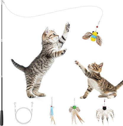 VavoPaw Interactive Cat Toys for Indoor Cats, Retractable Cat Wand Toy with 4 Feather Toy Refills, Kitten Toys Teaser Wand for Bored Indoor Adult Cats and Kittens