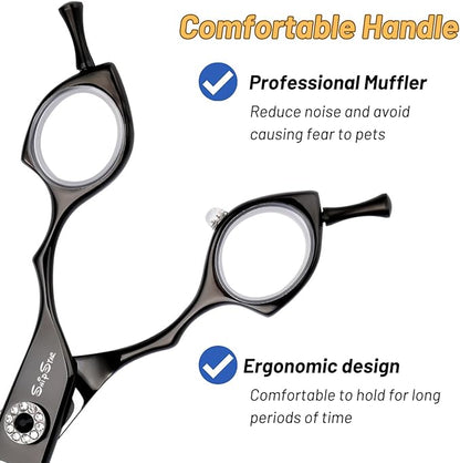 7.5inch Curved Thinner Dog Grooming Scissors, 56 Teeth Professional Dog Cutting Scissors, 25 Degree Bend High-end Shears for Pet Groomers or Family Use, with Symmetric Handle, Thinning Rate 25%, Black