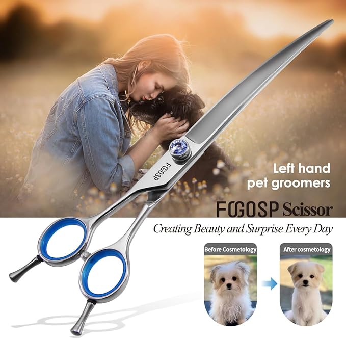 Left Handed Curved Scissors for Dog Grooming Professional 8 inch Long Downward Curved Shears Grooming for Poodle Large Dogs Pet 30°Japanese 440C Stainless Steel (8.0 curved)