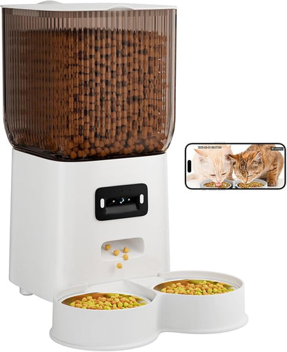 Gzenlos Automatic Cat Feeder with Camera, 5L Auto Dog Feeder with Night Vision Cat Food Dispenser with Stainless Steel Bowl, Pet Feeder for Small Pets Indoor (Vedio)