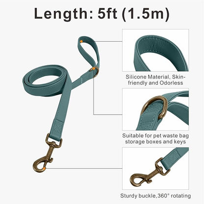 Silicone Dog Collar and Leash Set, Waterproof & Odor-Proof Puppy Collar for Small Dogs, Soft Flexible Leather-Look Dog Collars, Durable Thick Adjustable Pet Collar (Green, Small (9-14" Neck))