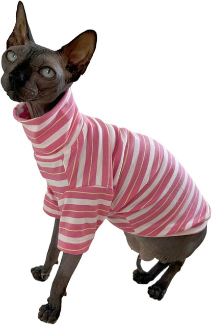 Vintage Stripes Sphynx Hairless Cats Shirt Cotton Cat Turtleneck Pet Clothes Kitten T-Shirts with Sleeves for Sphynx Cats (Sakura, Small)