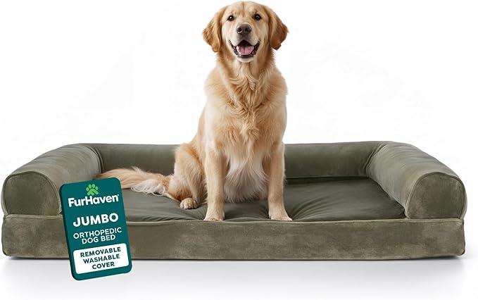Furhaven Orthopedic Dog Bed for Large Dogs w/ Removable Bolsters & Washable Cover, For Dogs Up to 95 lbs - Faux Fur & Velvet Sofa - Dark Sage, Jumbo/XL