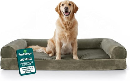 Furhaven Orthopedic Dog Bed for Large Dogs w/ Removable Bolsters & Washable Cover, For Dogs Up to 95 lbs - Faux Fur & Velvet Sofa - Dark Sage, Jumbo/XL