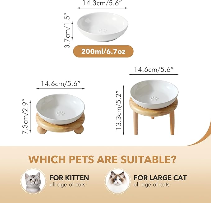 Havniva Raised Ceramic Wide Whisker Friendly Cat Dish, Anti-Slip Food&Water Bowl with 2 Style Stand Adjustable Pet Bowl Set (1Dish+Stand, White)