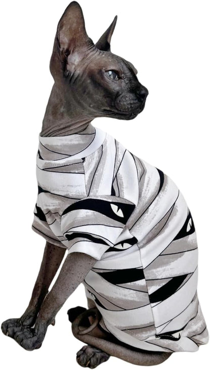 Limited Edition Sphynx Cat T-Shirts Elastic Hairless Cat Sweatshirt Pet Kitten Clothes Round Collar Kitten Shirts Vest Cats & Small Dogs Apparel (Mummy, S (3.3-4.4 lbs))
